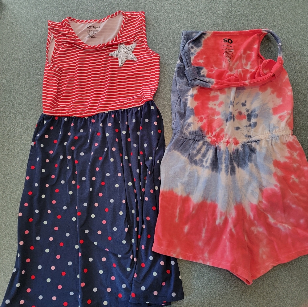 Girls Size 10/12 Patriotic Dress & SO Tie Dye Romper Bundle Summer July 4th